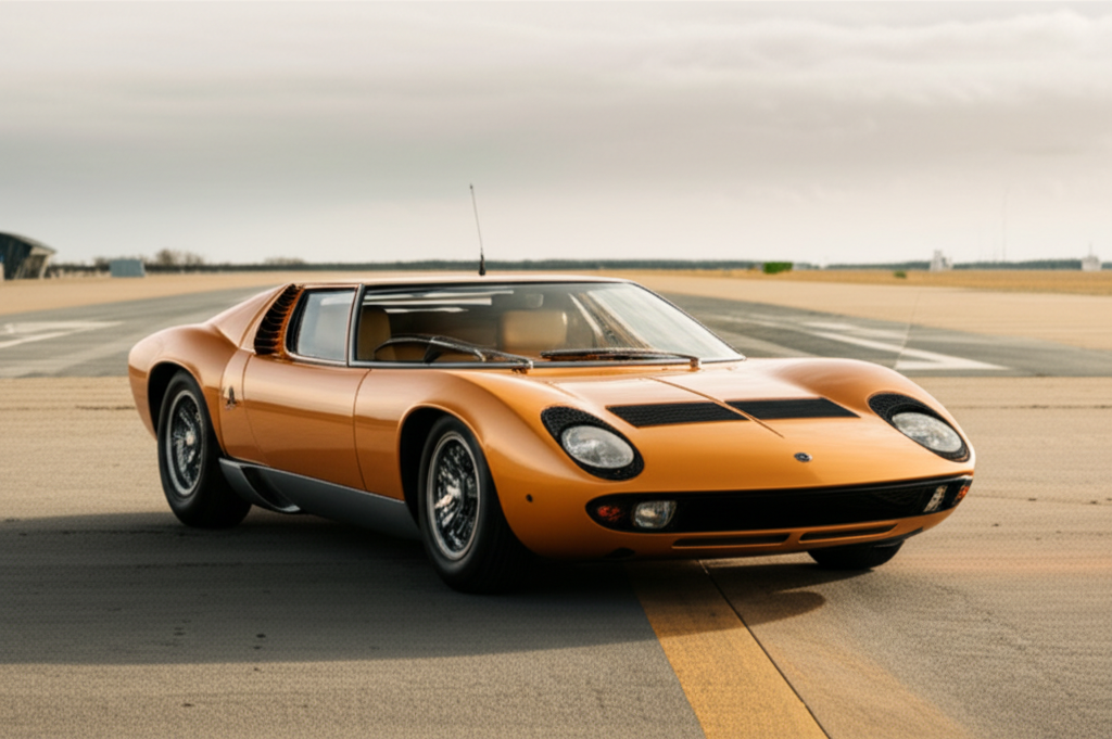 Bronze Lamborghini Miura on airfield with mountain backdrop