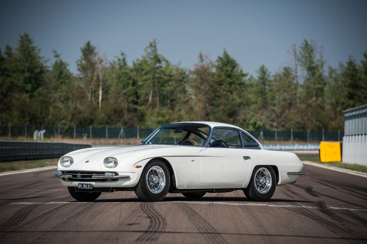 White Lamborghini 350 GT on race track