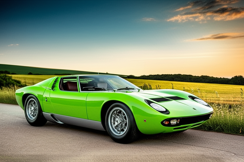 Lime green Lamborghini Miura in English countryside setting