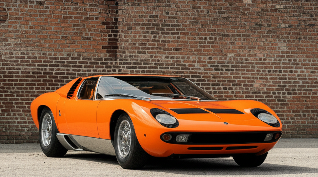 Orange Lamborghini Miura against brick wall background