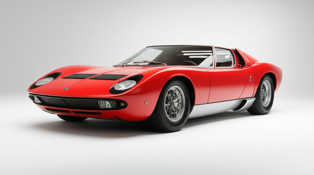 Red Lamborghini Miura in dramatic studio lighting with reflective floor