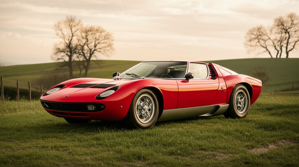 Red Lamborghini Miura in pastoral countryside setting
